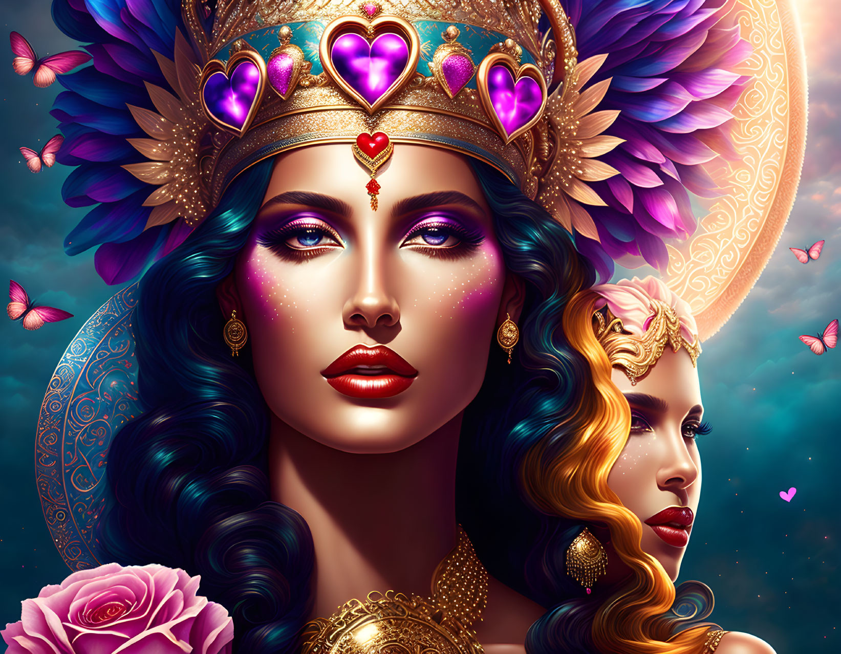 Stylized, illustrated women with ornate headdresses and jewelry surrounded by butterflies on celestial background.