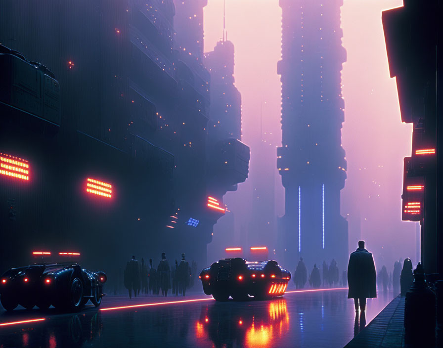 Futuristic cityscape with skyscrapers, neon signs, silhouetted figures, and