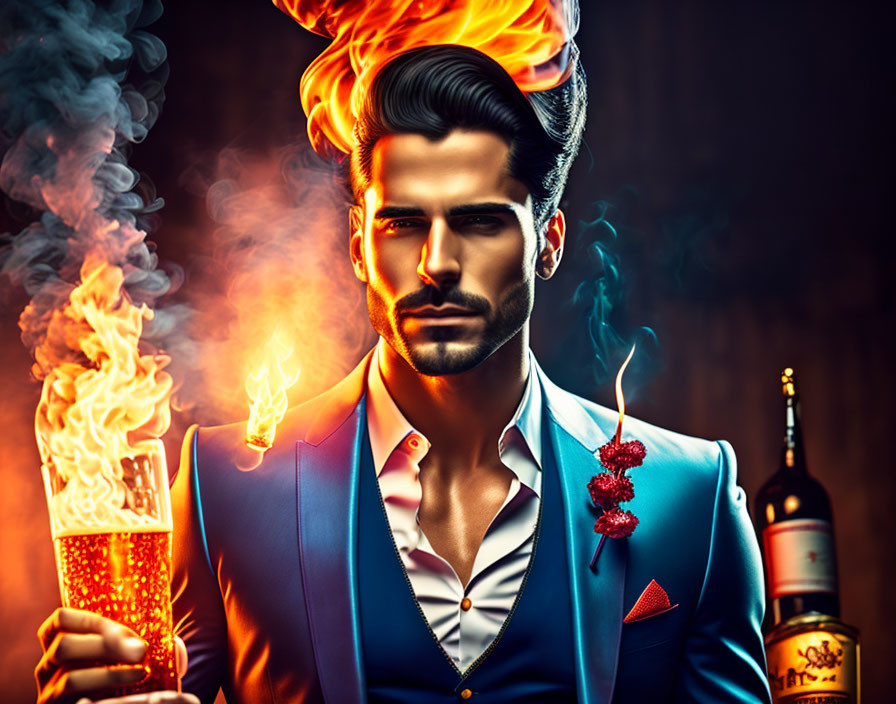 Man with Flaming Hairstyle and Smoking Cocktail in Fiery Setting