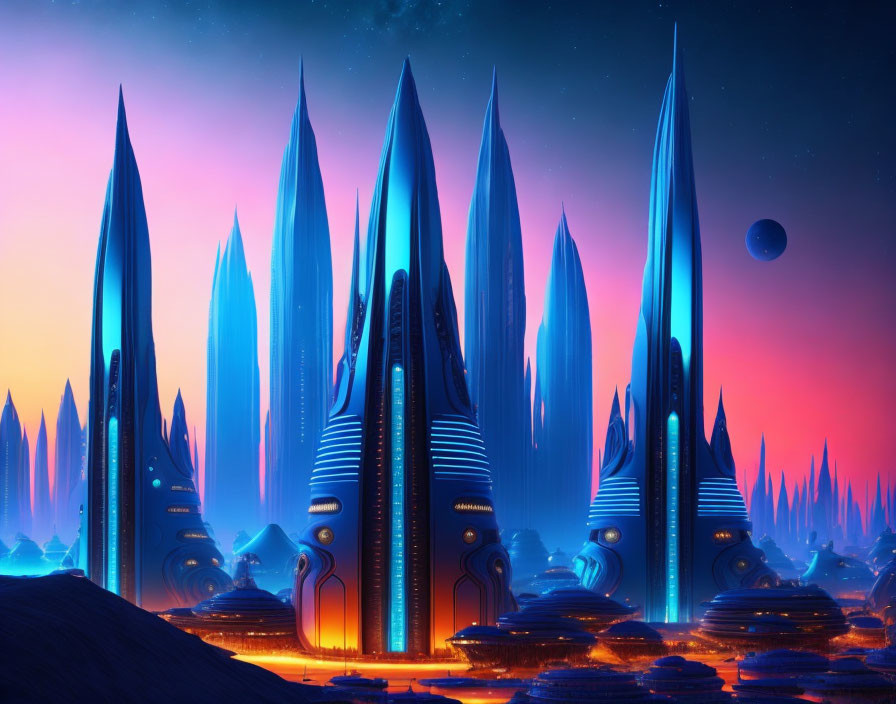 Futuristic cityscape with tall spires, neon outlines, and twilight sky