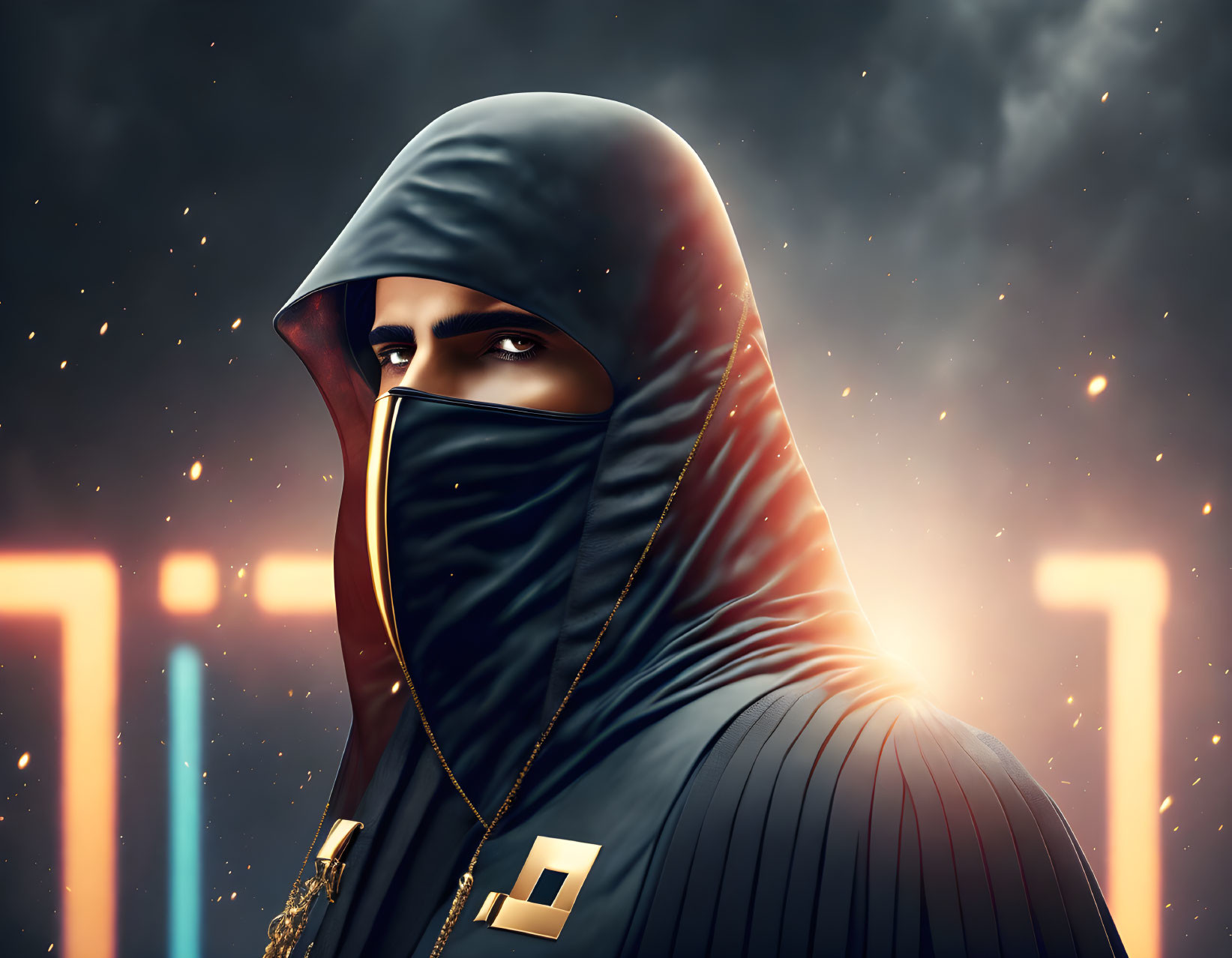 Hooded Figure with Intense Eyes and Mask in Neon-lit Setting