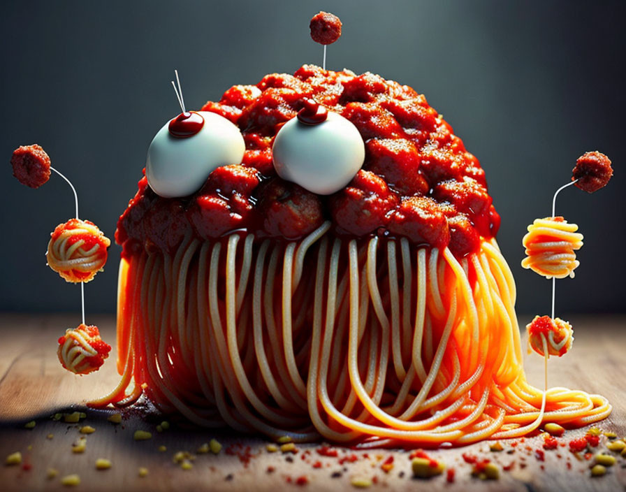 Spaghetti and Meatballs Art with Egg Eyes and Pasta Antennae