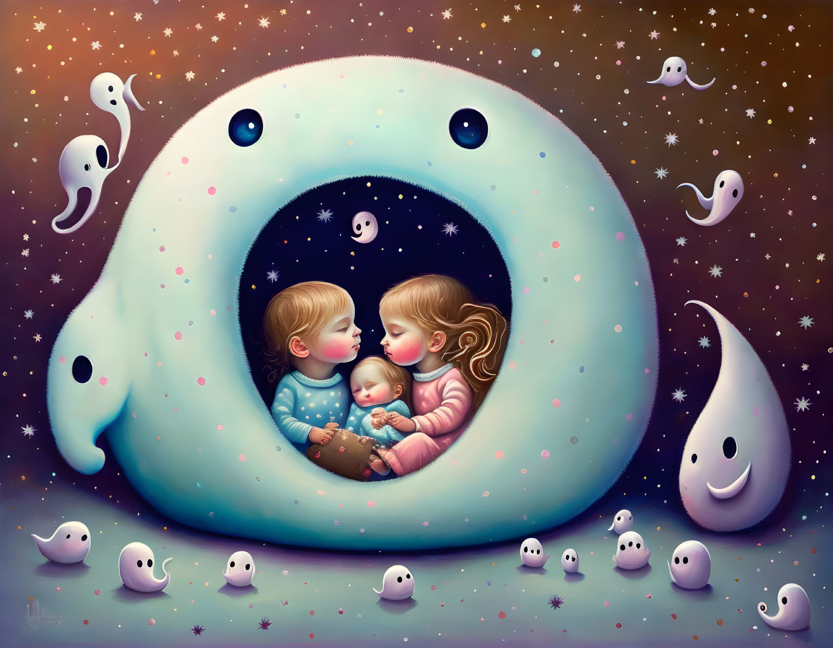 Children cuddling in ghost-shaped structure under starry sky with playful ghosts.