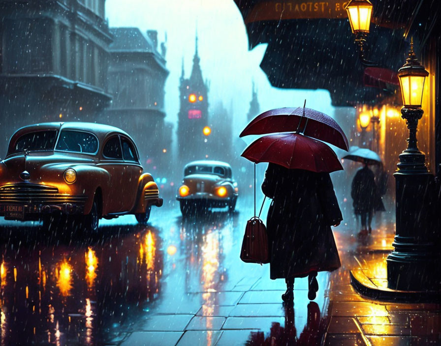 Person with red umbrella on rainy cobbled street with vintage cars and Big Ben.