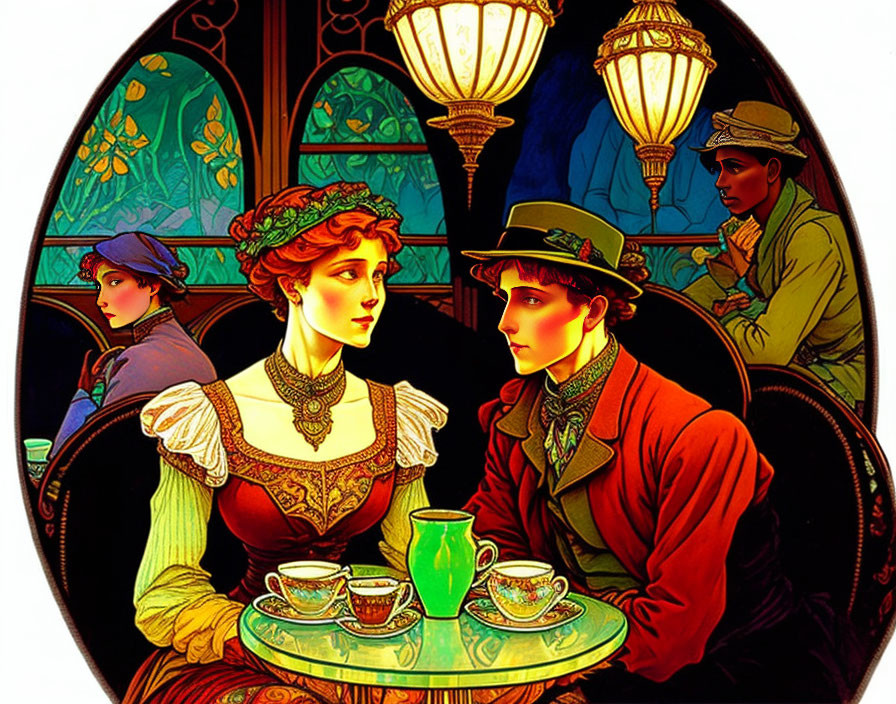 Vibrant Art Nouveau stained glass cafe scene