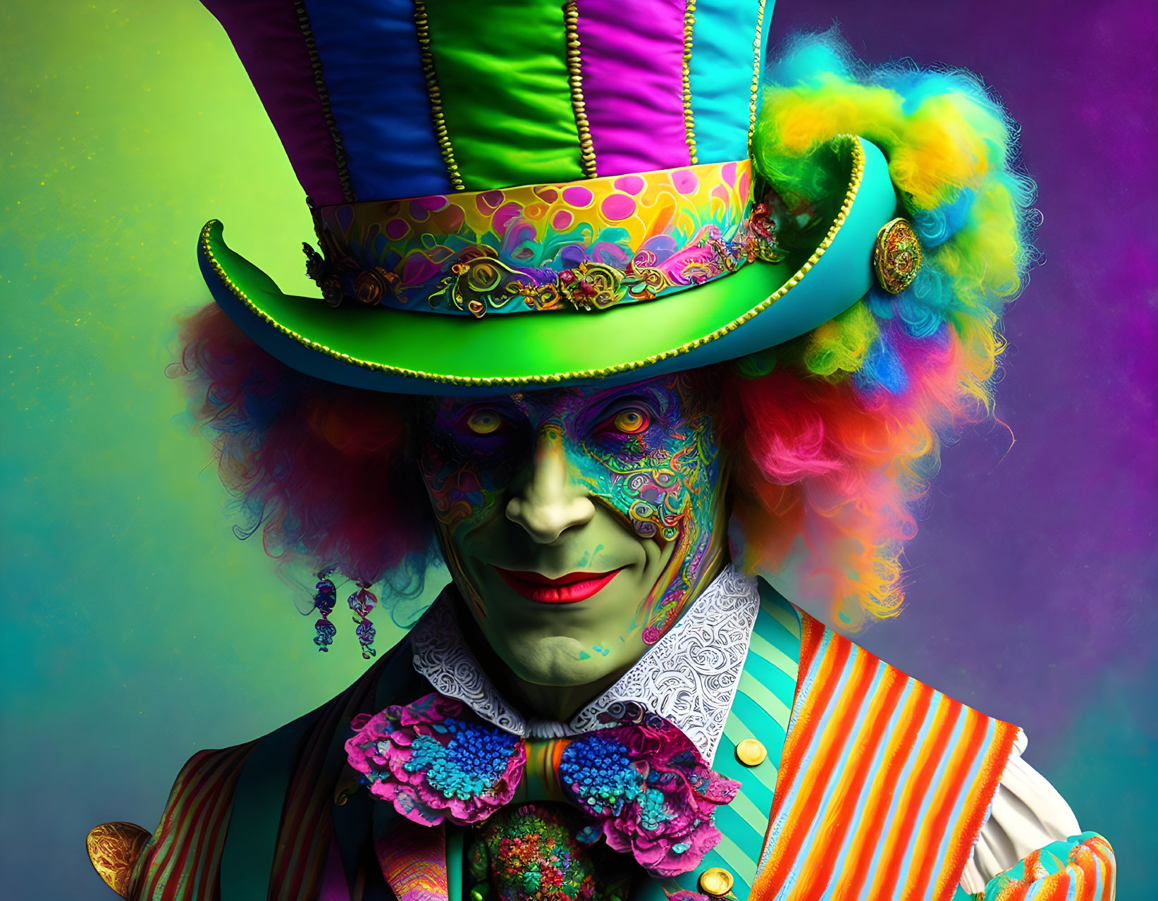 Colorful Costume with Tall Multicolored Hat and Rainbow Wig