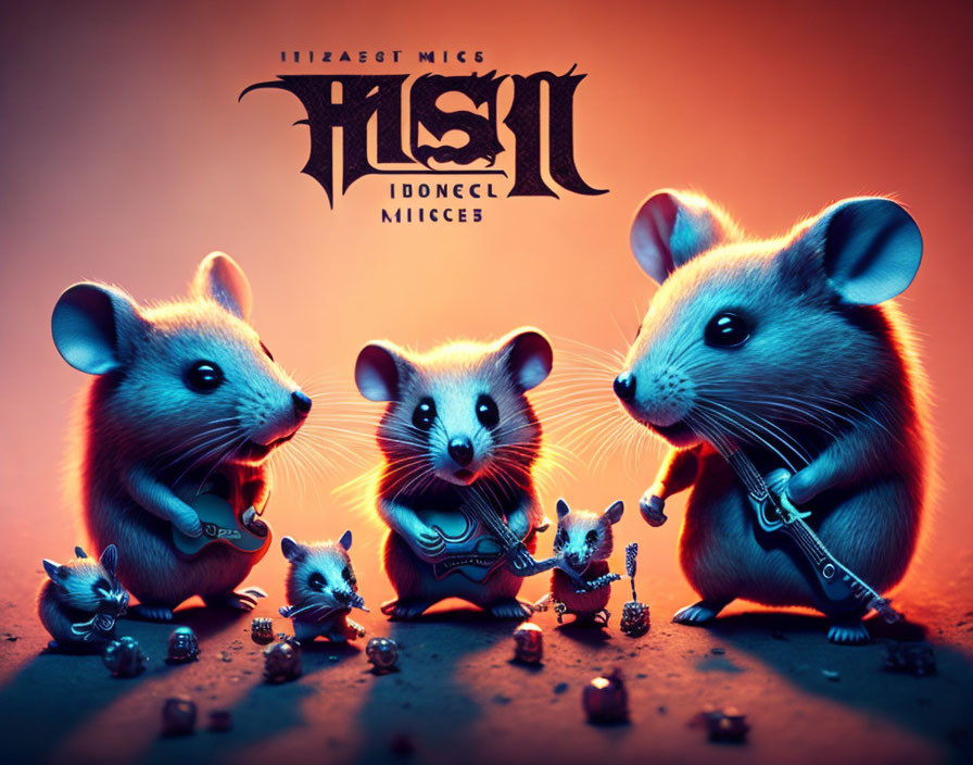 Stylized mice in leather outfits on orange backdrop