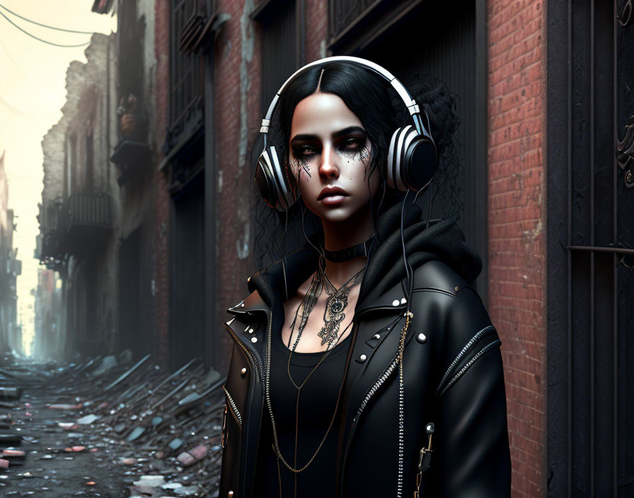 Dark-haired woman in alley with headphones, leather jacket, chains, tattoos