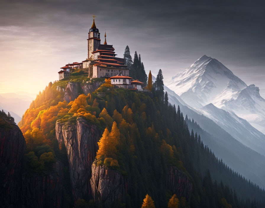 Majestic castle on cliff with autumn trees and snow-capped mountain