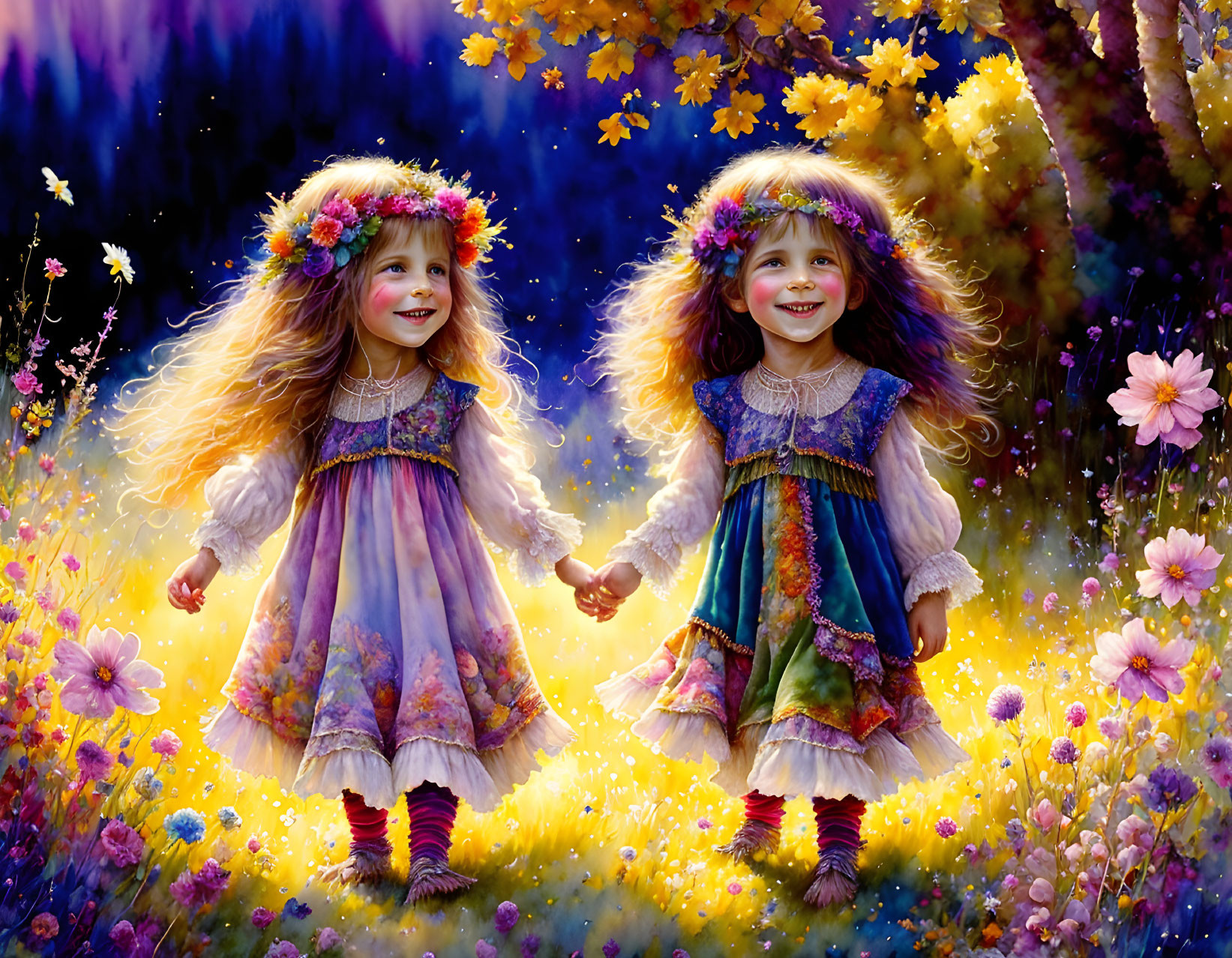 Children with flower crowns holding hands in vibrant flower field and forest backdrop