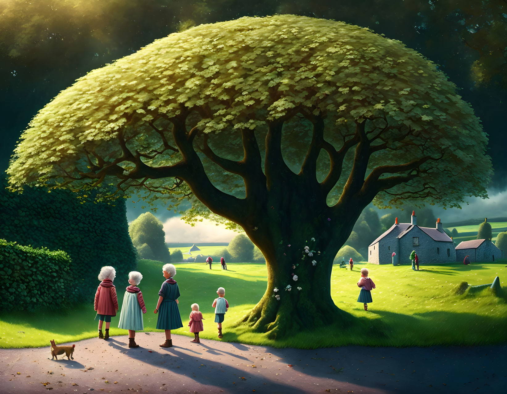 Children and cat walking towards house under tree in serene landscape