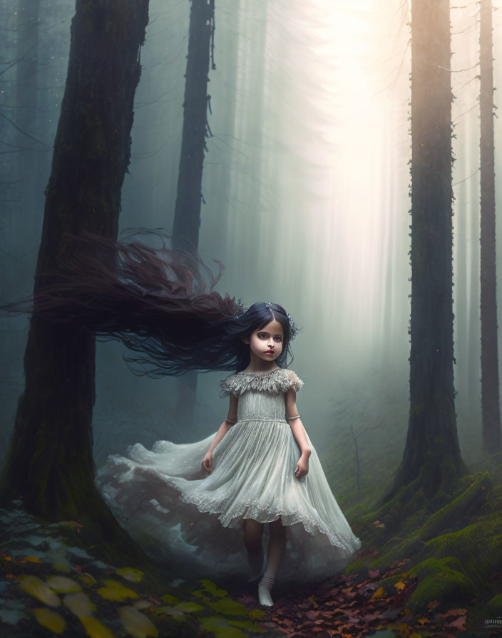 Young girl in white dress with dark hair in misty forest landscape