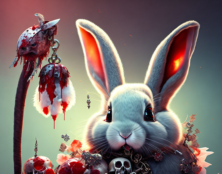 Surreal image of cute bunny with macabre elements