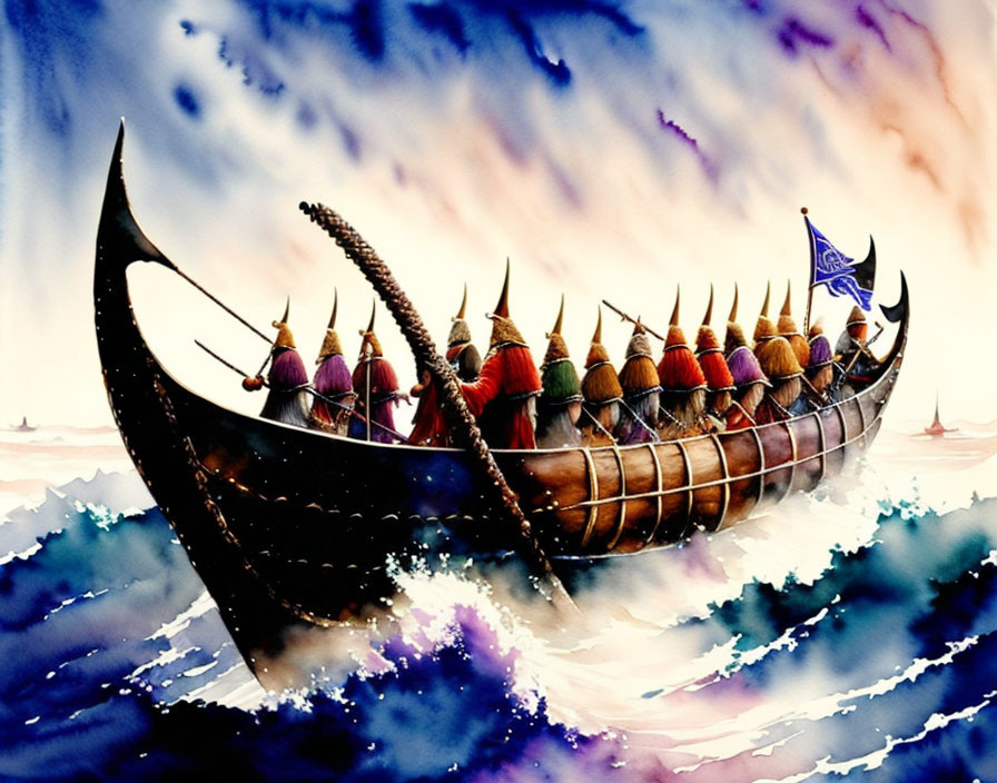 Vibrant Viking warriors on longship sailing turbulent seas