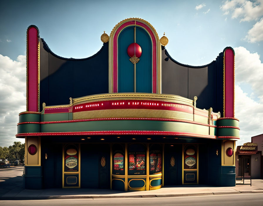 Vintage-Style Theater Facade with Bright Marquee