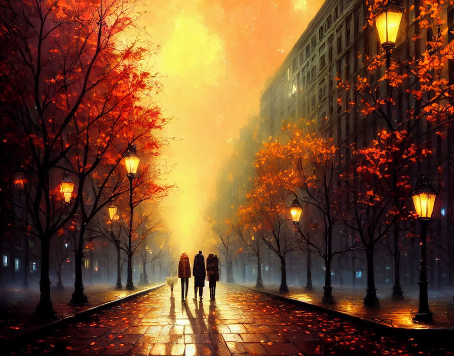 Group of People Walking on Lamp-Lit Path Amid Autumn Trees at Dusk