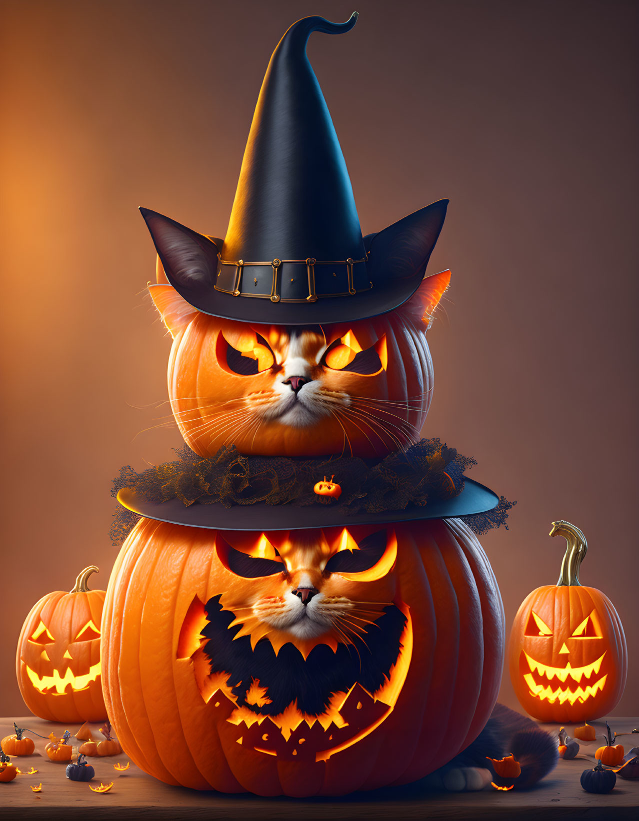 Digital Artwork: Two Cats with Pumpkin Bodies and Witch Hat in Autumn Setting