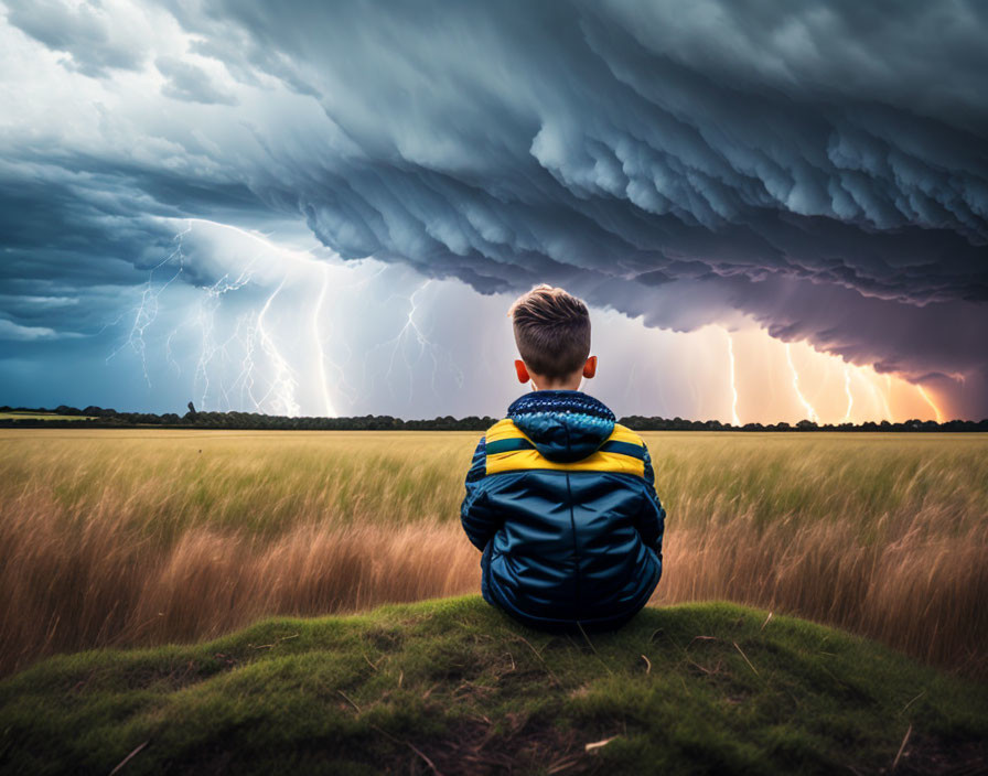 Boy observing thunderstorm with lightning strikes from grassy hill