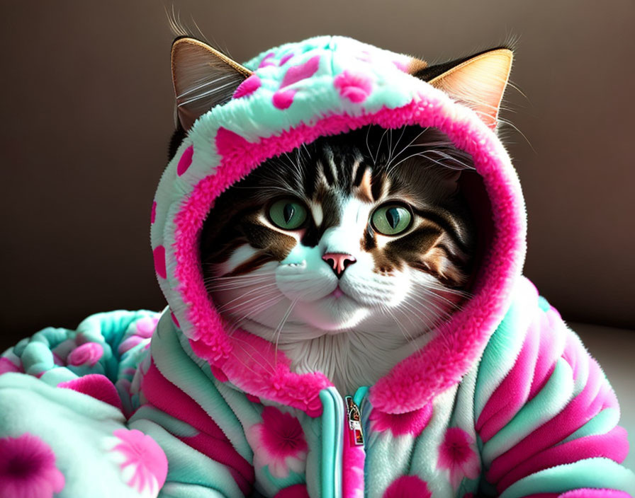 Colorful Hooded Onesie with Floral Pattern on Domestic Cat