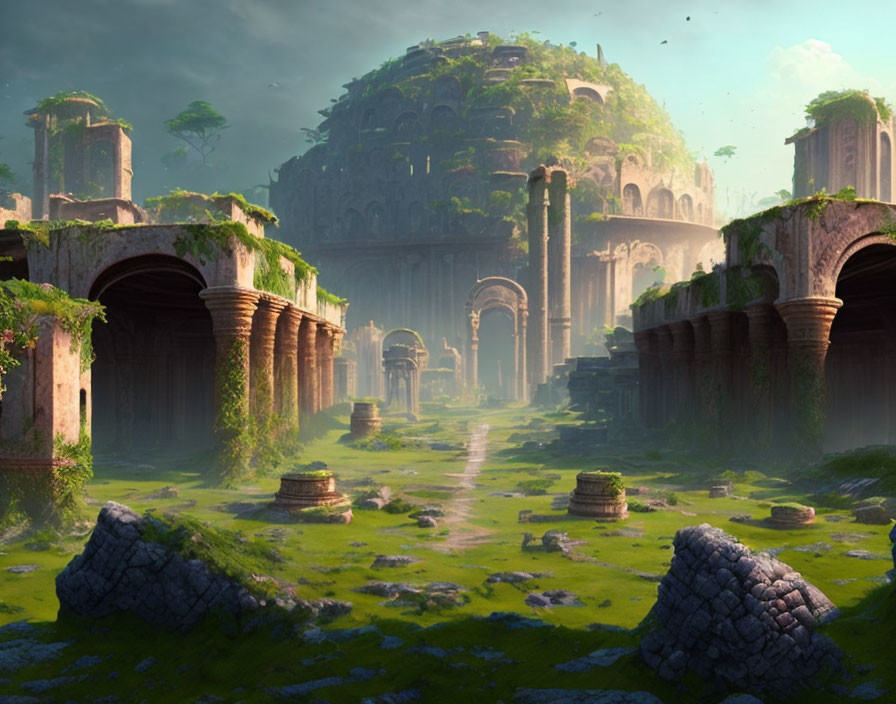 Ancient domed city ruins with towering columns in lush greenery