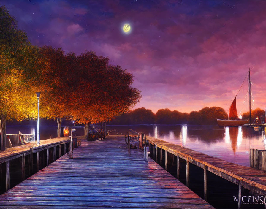 Wooden pier with autumn trees, sailboat, crescent moon, starry sky