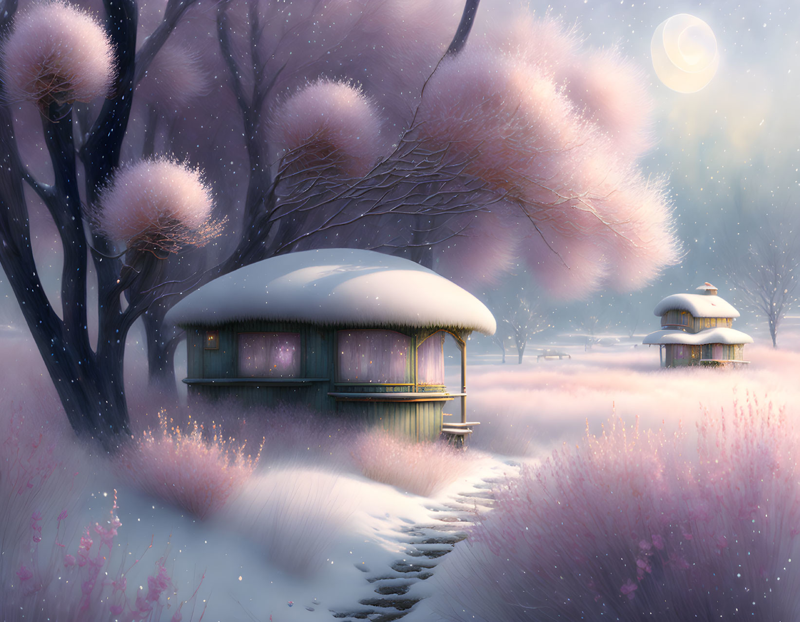 Snow-covered houses and pink flowering trees in moonlit winter scene