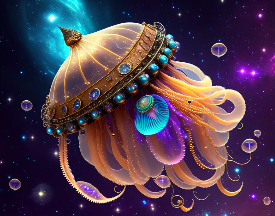 Mechanical jellyfish with golden detailing in cosmic scene