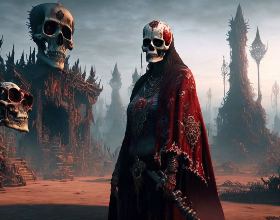 Skull-faced figure in red cloak amidst gothic landscape