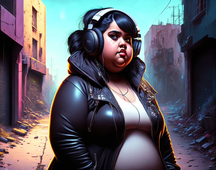 Digital artwork: Woman with headphones in urban alleyway at twilight