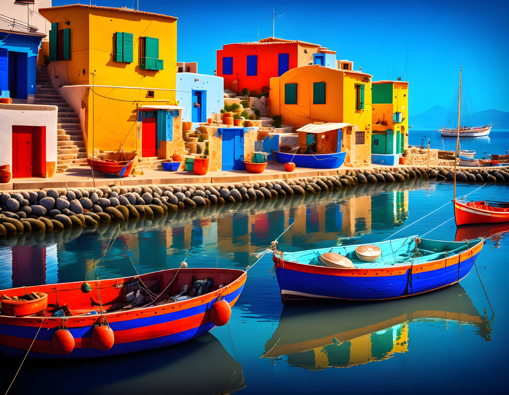 Colorful Mediterranean houses, blue boats, and clear sky seaside scene