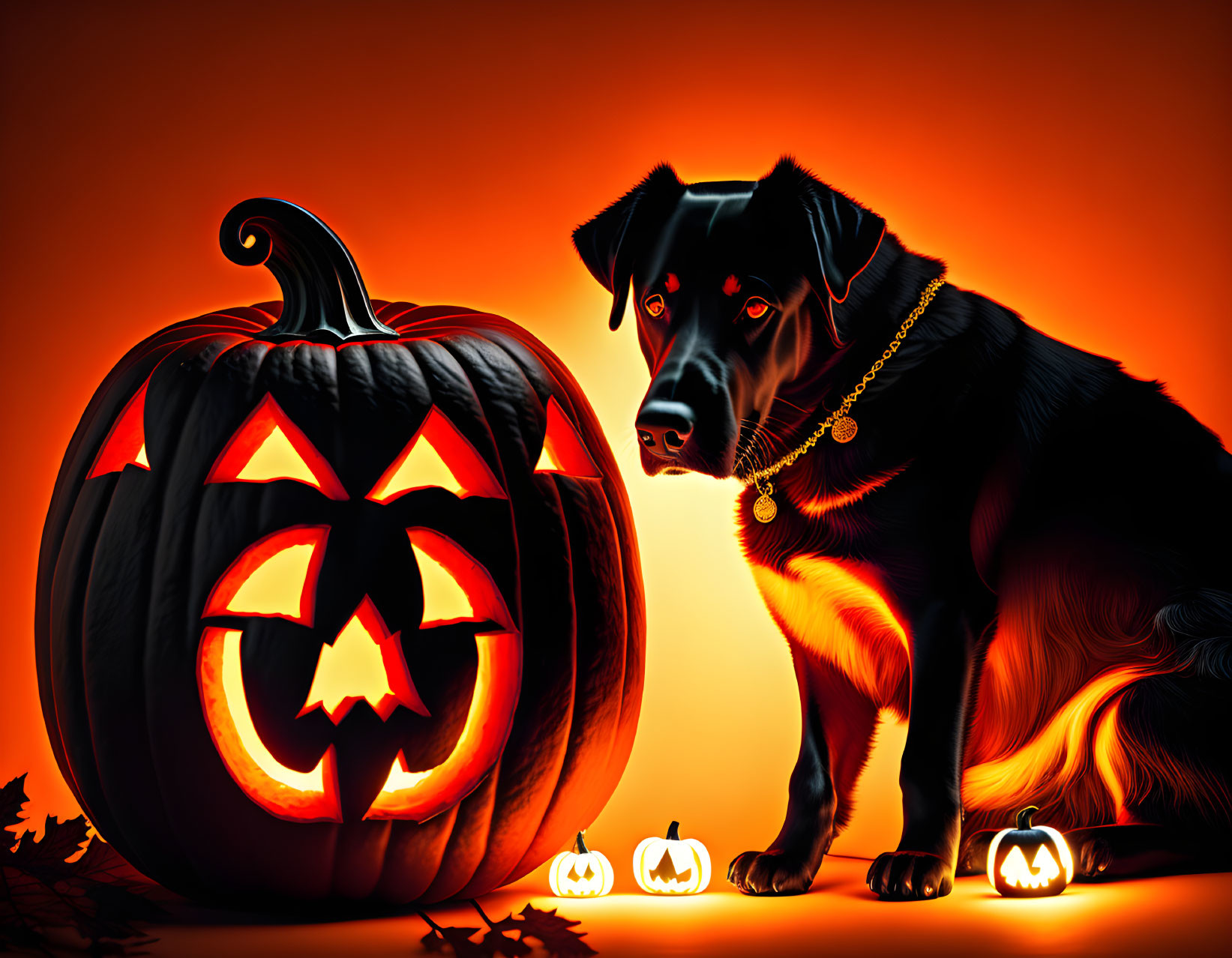 Black Dog with Collar Sitting Beside Carved Pumpkin and Glowing Face