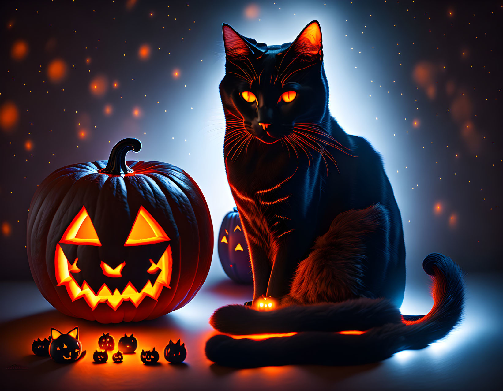 Black Cat with Glowing Eyes Beside Carved Pumpkin and Candle