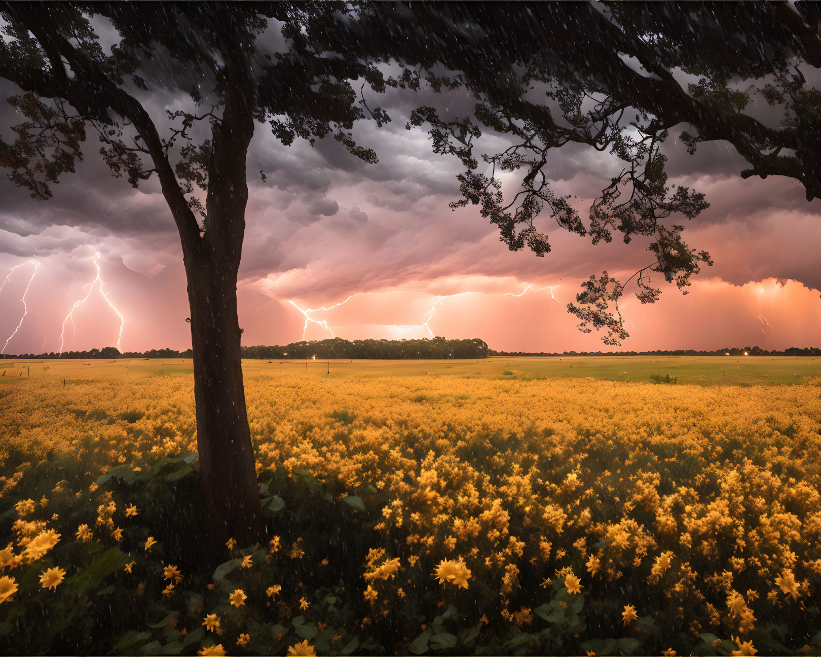 Intense lightning storm over yellow flower field and dark trees.