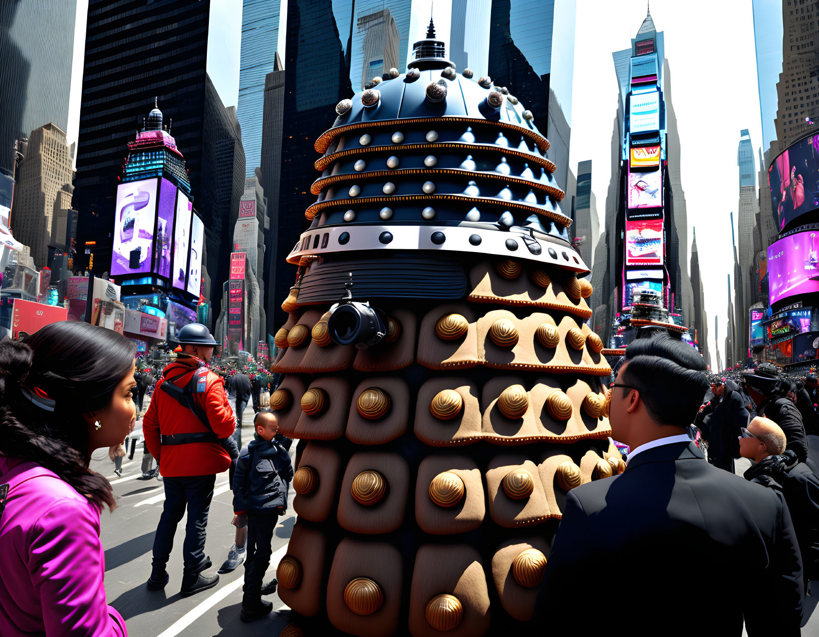 Sci-fi Dalek in Times Square with onlookers.