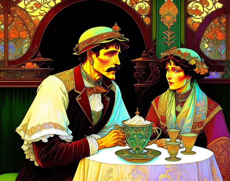 Victorian-era couple sharing tea in vibrant stylized illustration