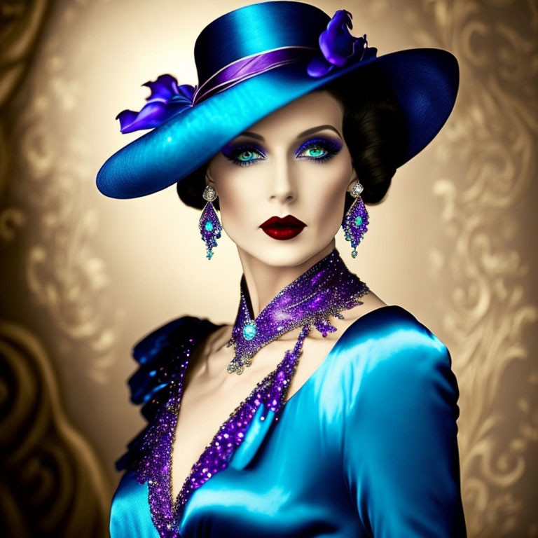 Woman in Blue Satin Dress with Purple Accents and Elegant Hat