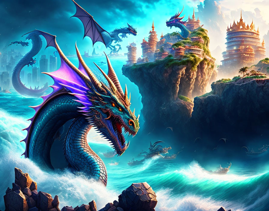 Majestic blue dragon with horns and vibrant wings in mythical sea