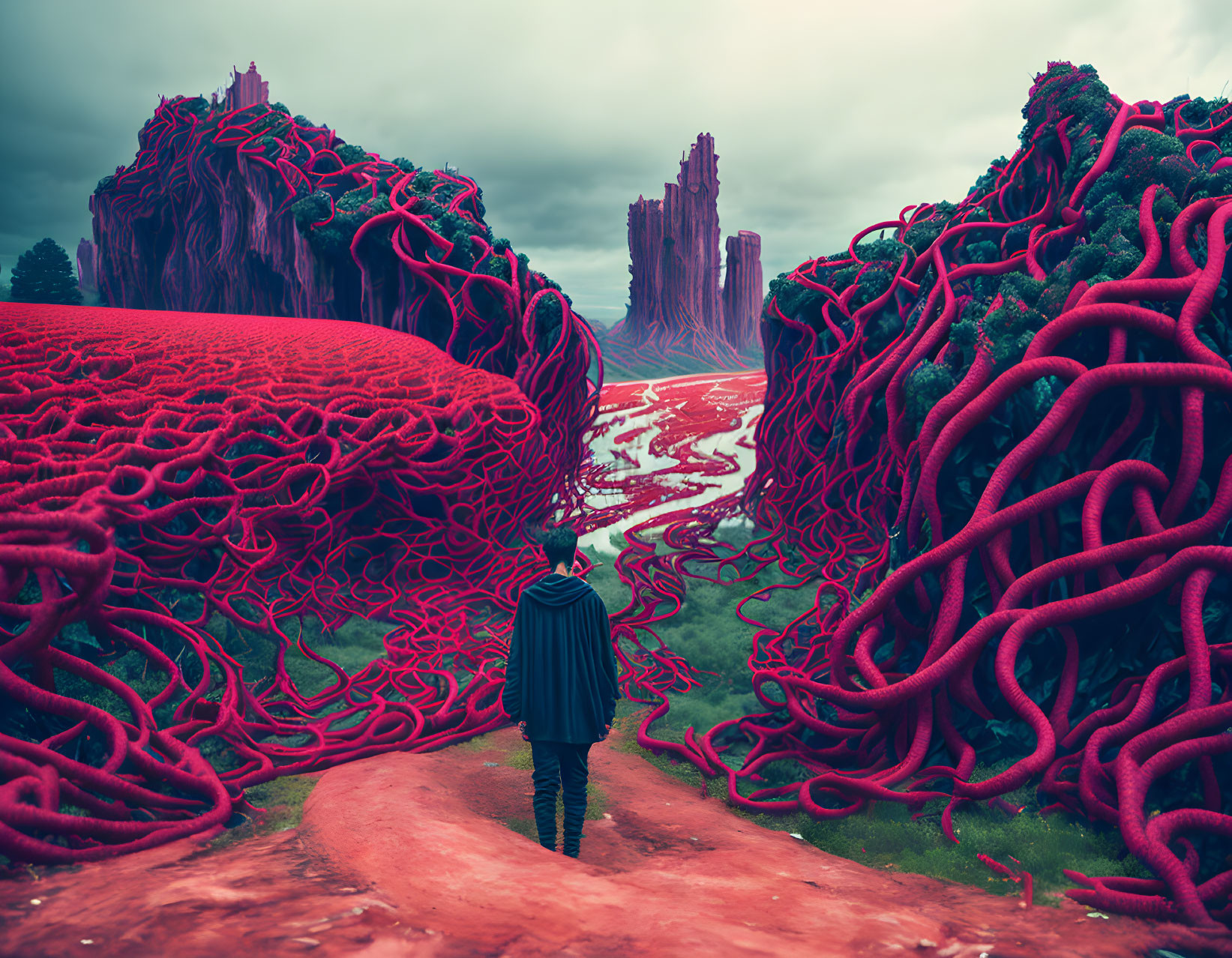 Surreal landscape with large red vein-like structures and brooding sky