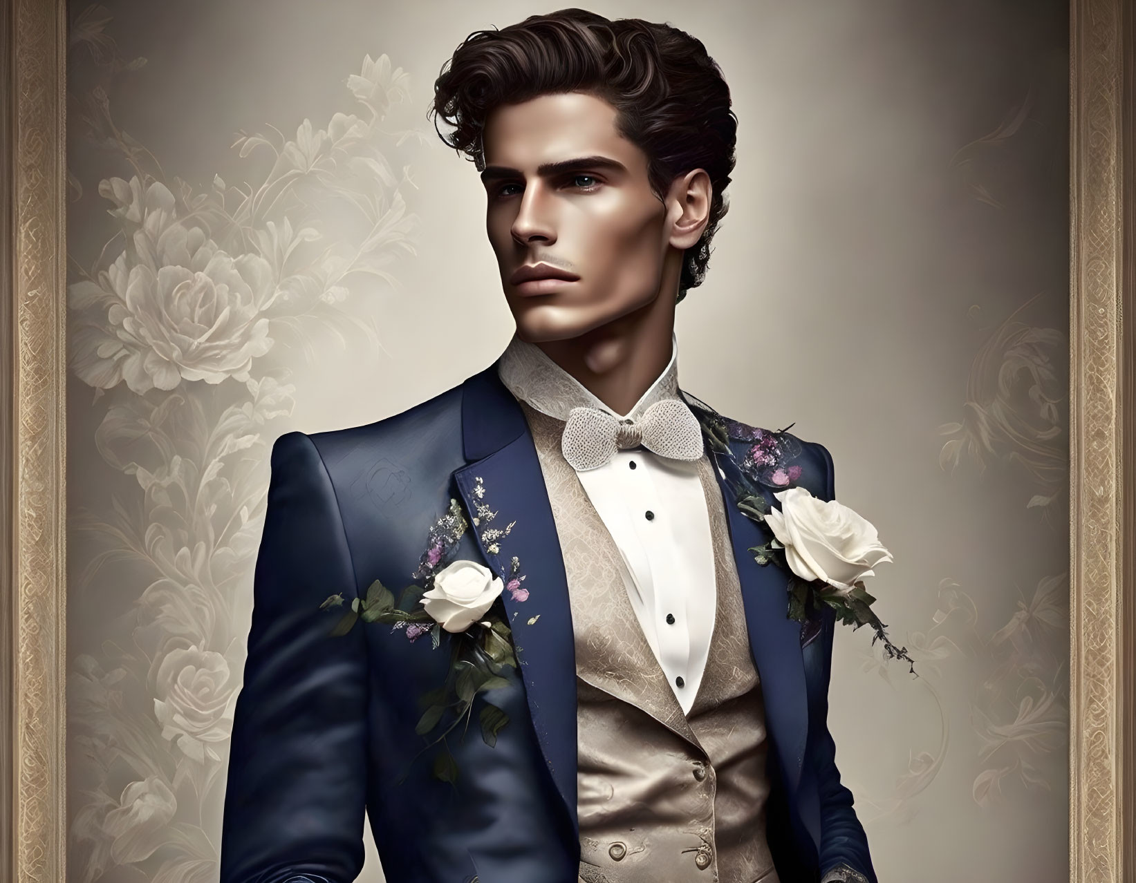 Stylish man in blue suit with floral accents on floral background