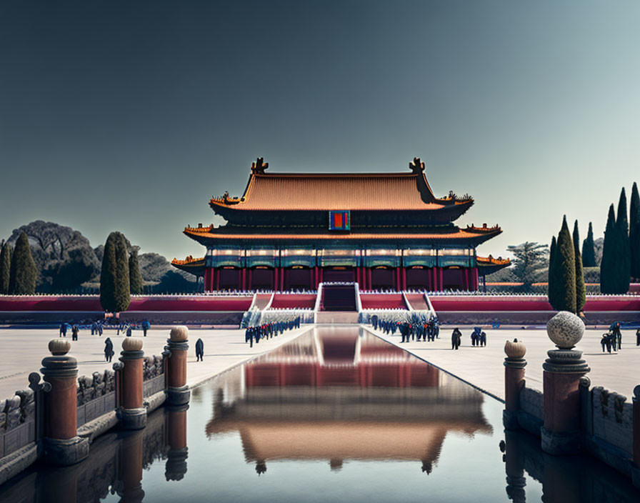 Symmetrical view of Forbidden City's Hall of Supreme Harmony with tourists, reflected on water