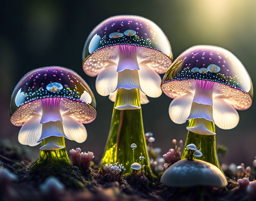 Translucent Glowing Fantasy Mushrooms in Enchanting Forest