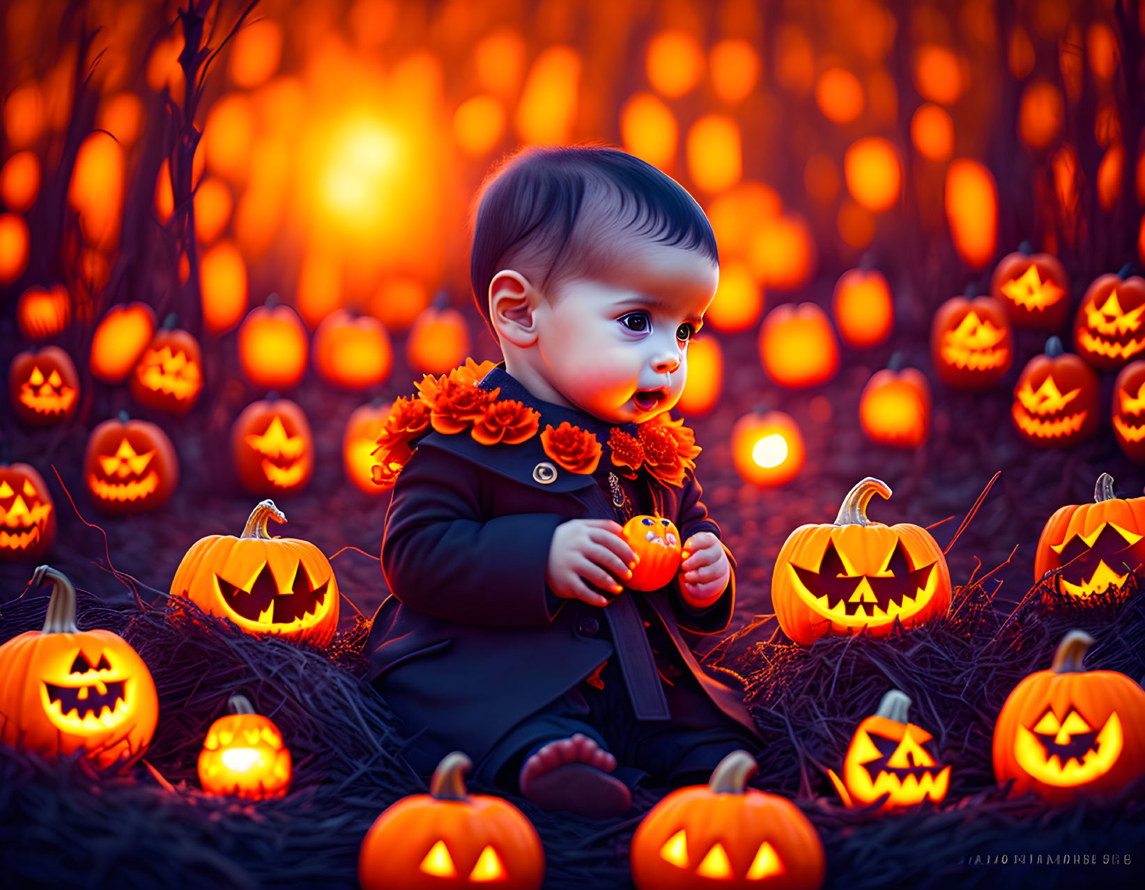 Baby sitting among glowing jack-o'-lanterns in pumpkin patch at twilight