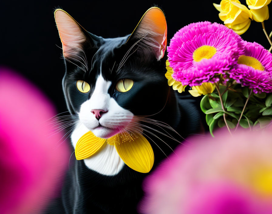 Black and White Cat with Yellow Eyes Among Colorful Flowers