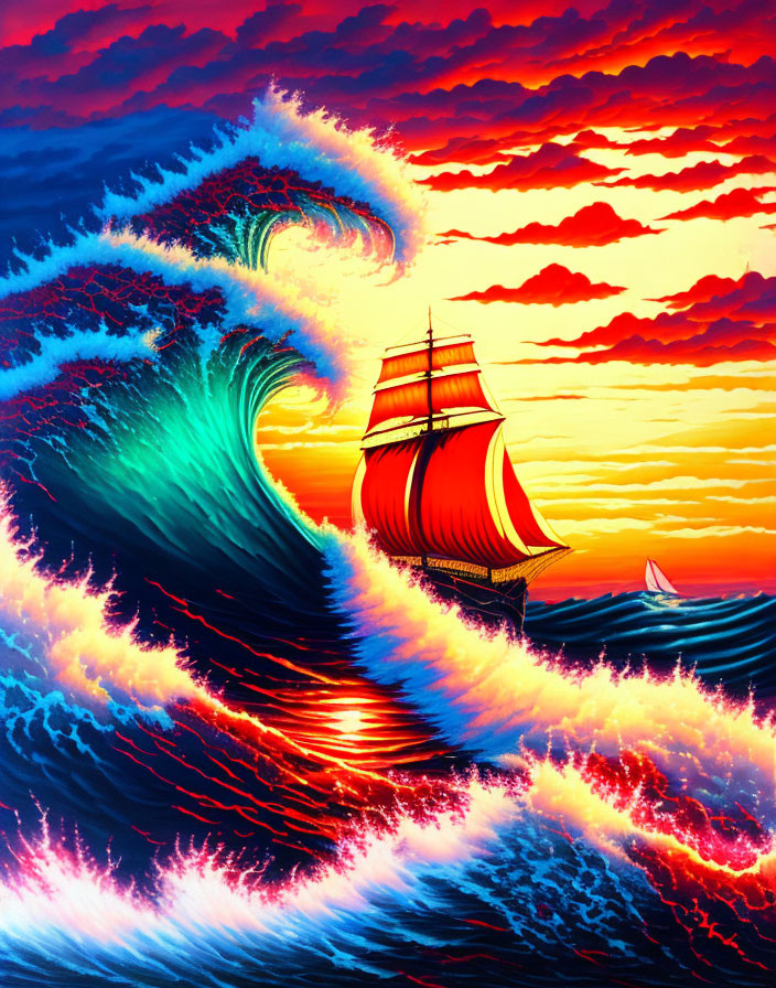 Colorful ship with red sails in dramatic sunset seascape