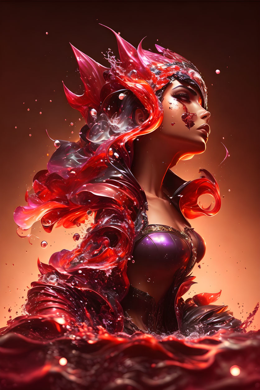 Digital artwork featuring woman with red swirling accents