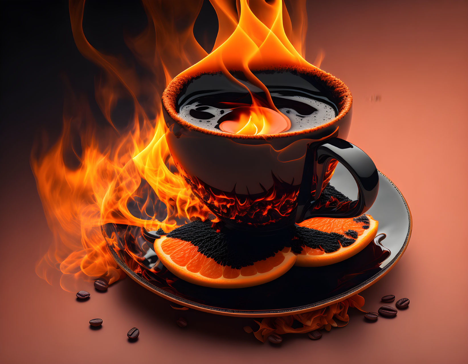 Steaming cup of coffee with flames, coffee beans, and orange slices on warm backdrop