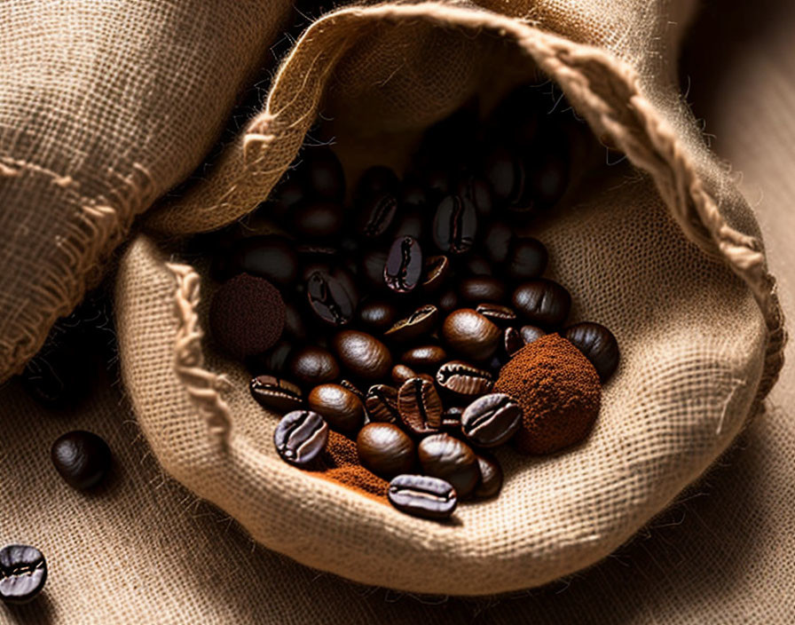 Roasted coffee beans and ground coffee spilled from burlap sack