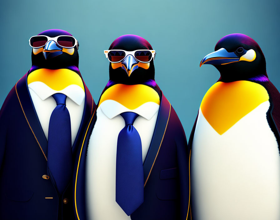 Three stylish cartoon penguins in suits and sunglasses on blue background