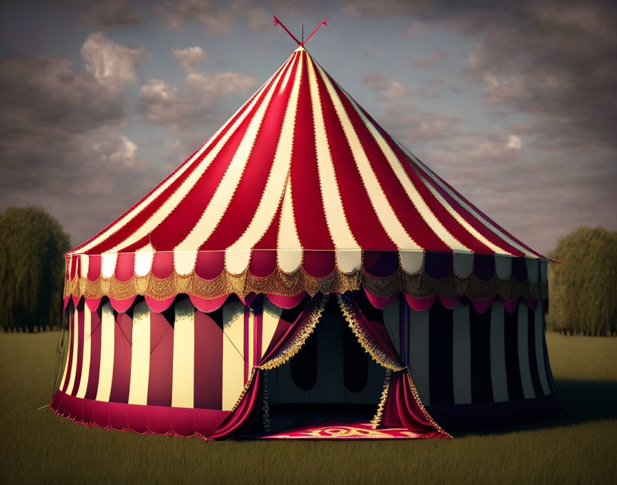 Colorful circus tent with red and white stripes in open field