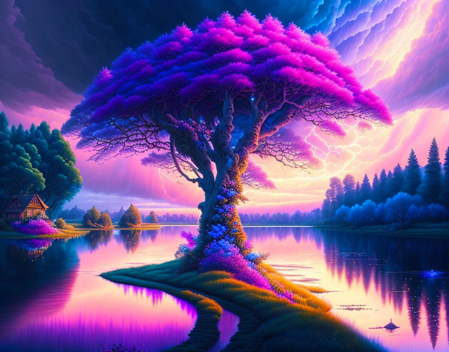 Majestic purple tree in vibrant fantasy landscape